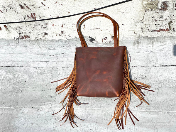 Small Brown Leather Tote with fringe , 11”W x 12” H Work and travel leather bag