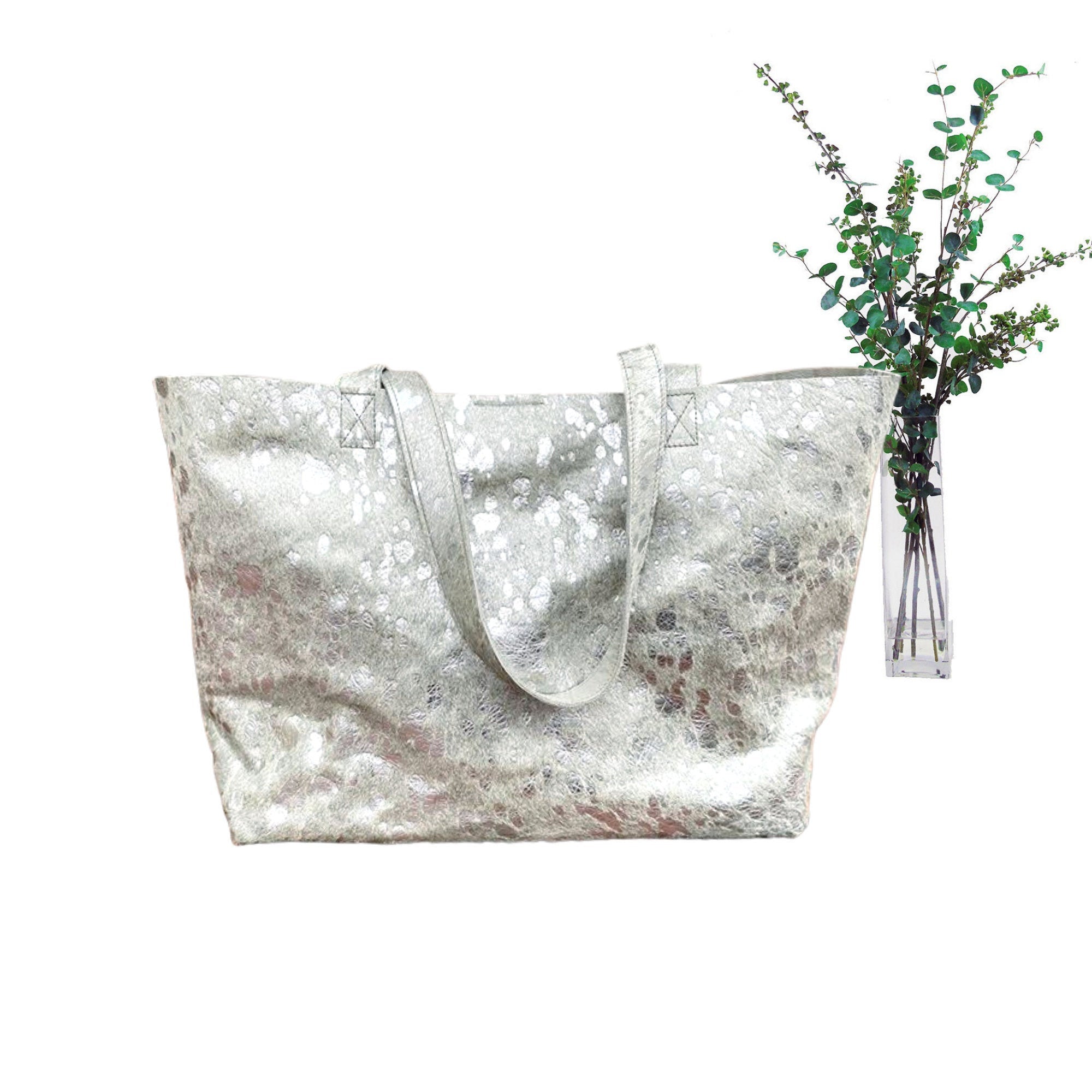 Extra large silver metallic cowhide leather bag 23”x 13”, Oversized work and travel computer bag