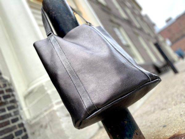 Large black leather tote bag, Tall work and travel computer bag