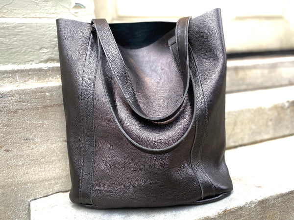 Large black leather tote bag, Tall work and travel computer bag