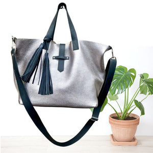 Large metallic silver leather tote bag, Oversized work and travel computer bag