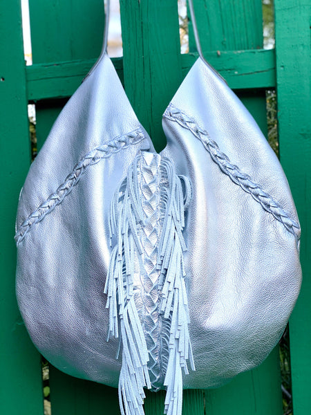 Silver metallic leather round hobo bag, Unique boho bag